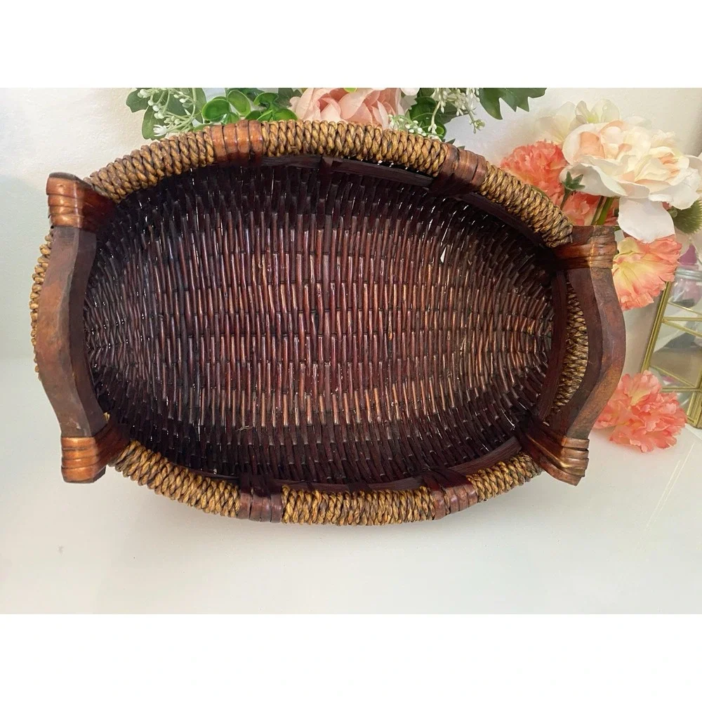 Vintage Chinese Woven Willow Basket With Wood Handles 12